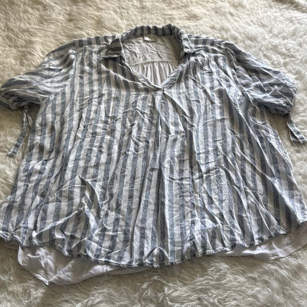 Sirenlily Maternity Blue and White Striped V-Neck Tunic‎ Blouse